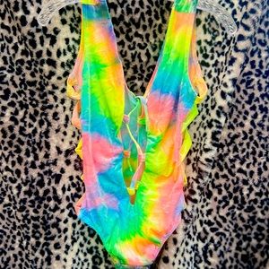 Tye die velvet onesie bodysuit lace up front by Roma